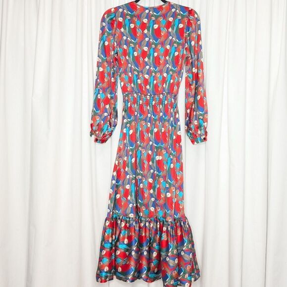 Tucker Juliette Dress Deco Parrot in Silk Stretch Charmeuse Bird Print Midi - Picture 7 of 9
